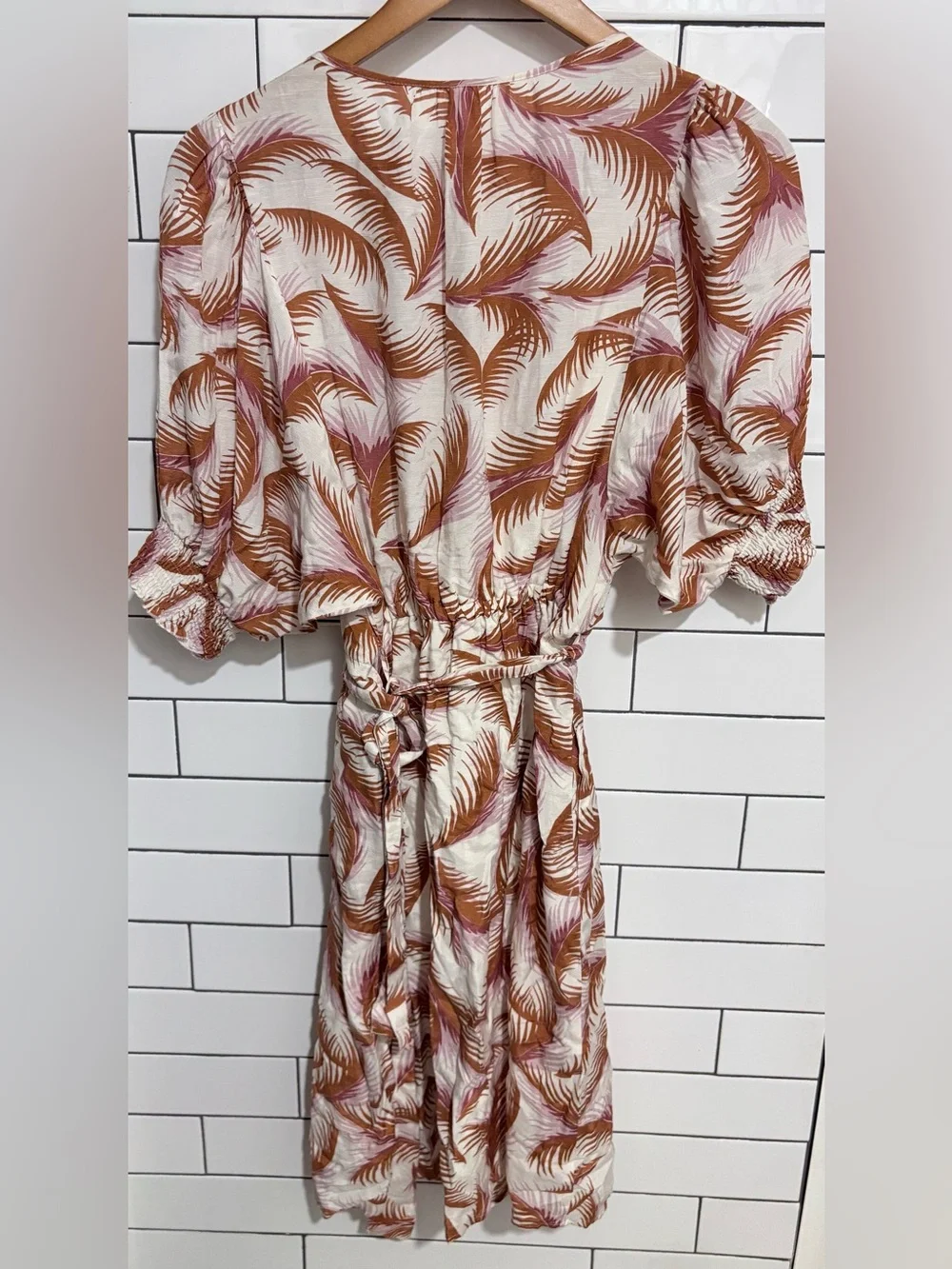 Anthropologie Nicole Linen Puff Sleeve Feathers Ivory Shirt Dress